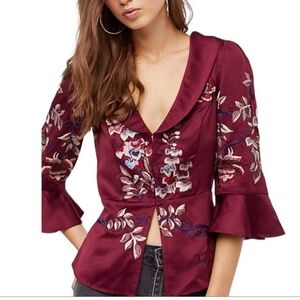 Free People Sz Xs Satin Blouse Burgandy